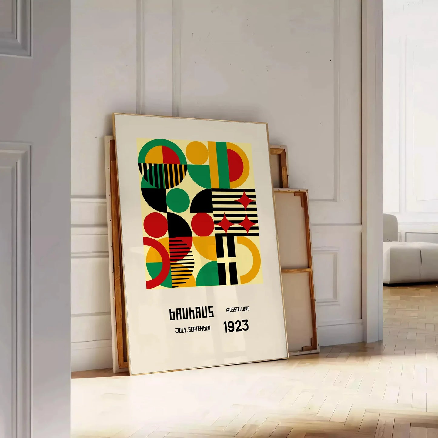 space stunning Bauhaus wall art poster bold green red hues captivating artwork modern elegance room perfect gift enthusiasts ideal print decor