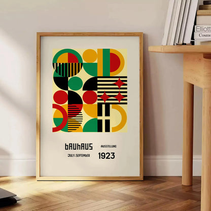 space stunning Bauhaus wall art poster bold green red hues captivating artwork modern elegance room perfect gift enthusiasts ideal print decor