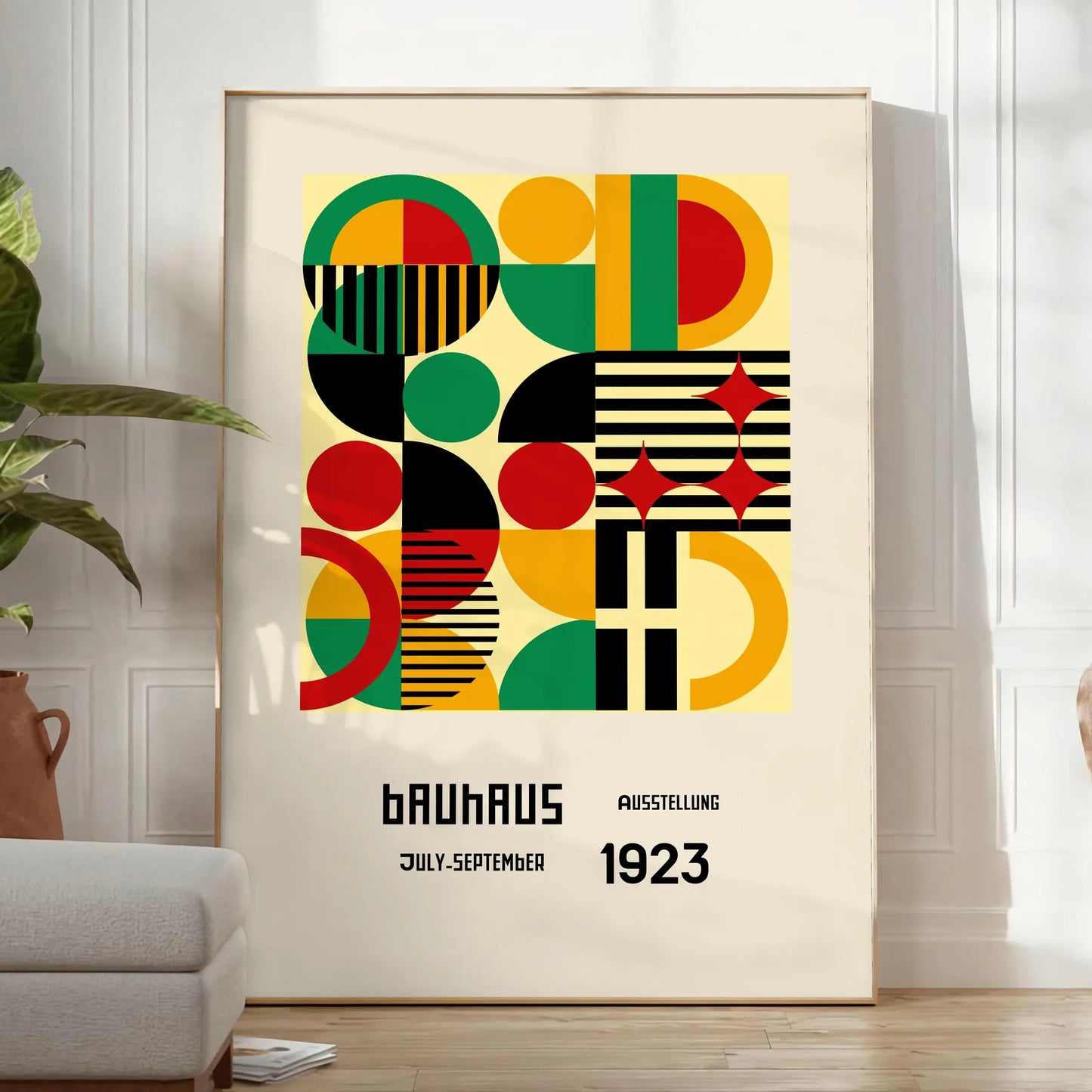 space stunning Bauhaus wall art poster bold green red hues captivating artwork modern elegance room perfect gift enthusiasts ideal print decor