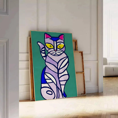 space captivating cat modern art poster vibrant green blue hues stylish wall statement unique gift lovers stunning print splash creativity room decor preferences