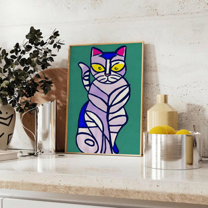 space captivating cat modern art poster vibrant green blue hues stylish wall statement unique gift lovers stunning print splash creativity room decor preferences