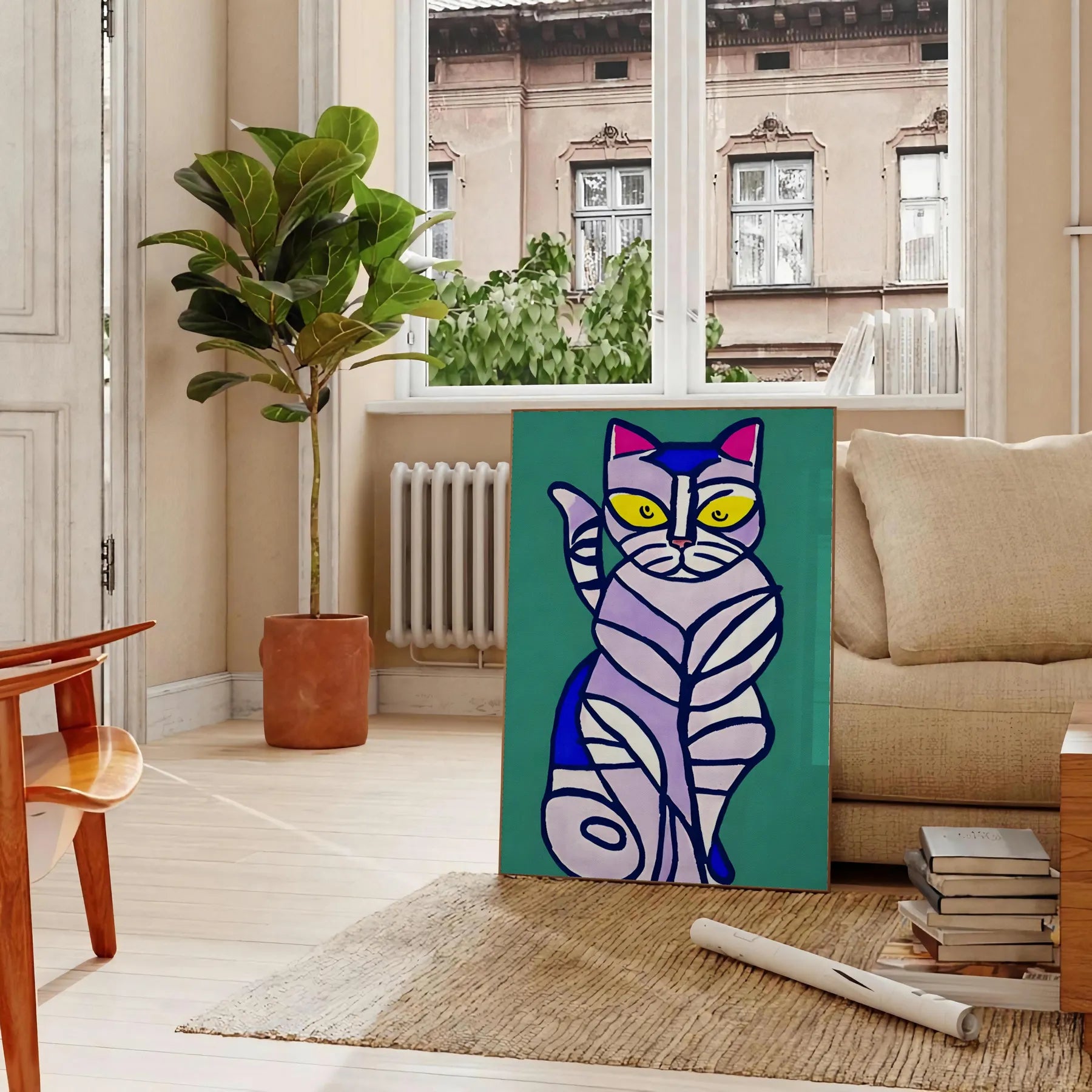 space captivating cat modern art poster vibrant green blue hues stylish wall statement unique gift lovers stunning print splash creativity room decor preferences