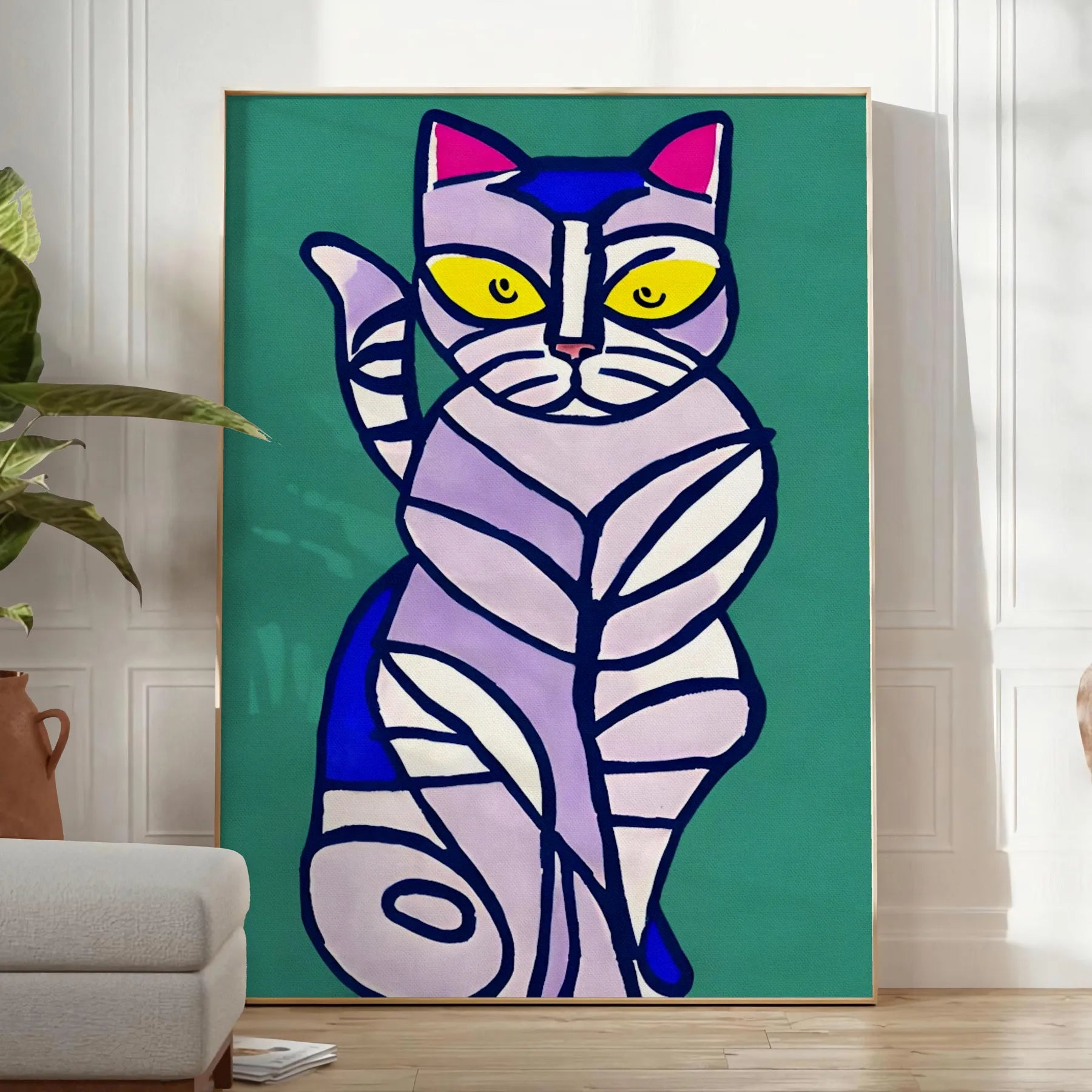 space captivating cat modern art poster vibrant green blue hues stylish wall statement unique gift lovers stunning print splash creativity room decor preferences